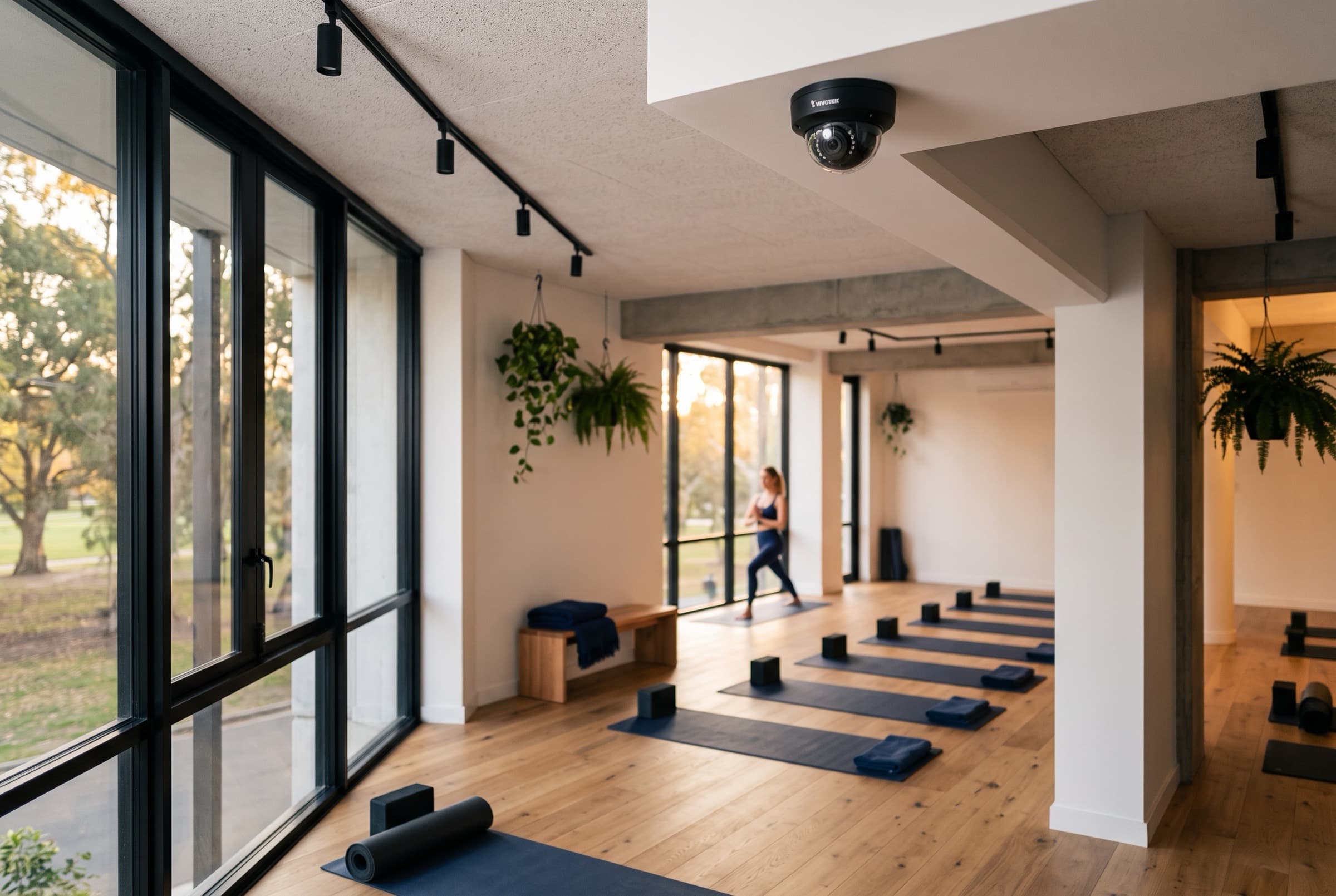 Sleek boutique interior with a discreet ceiling dome camera