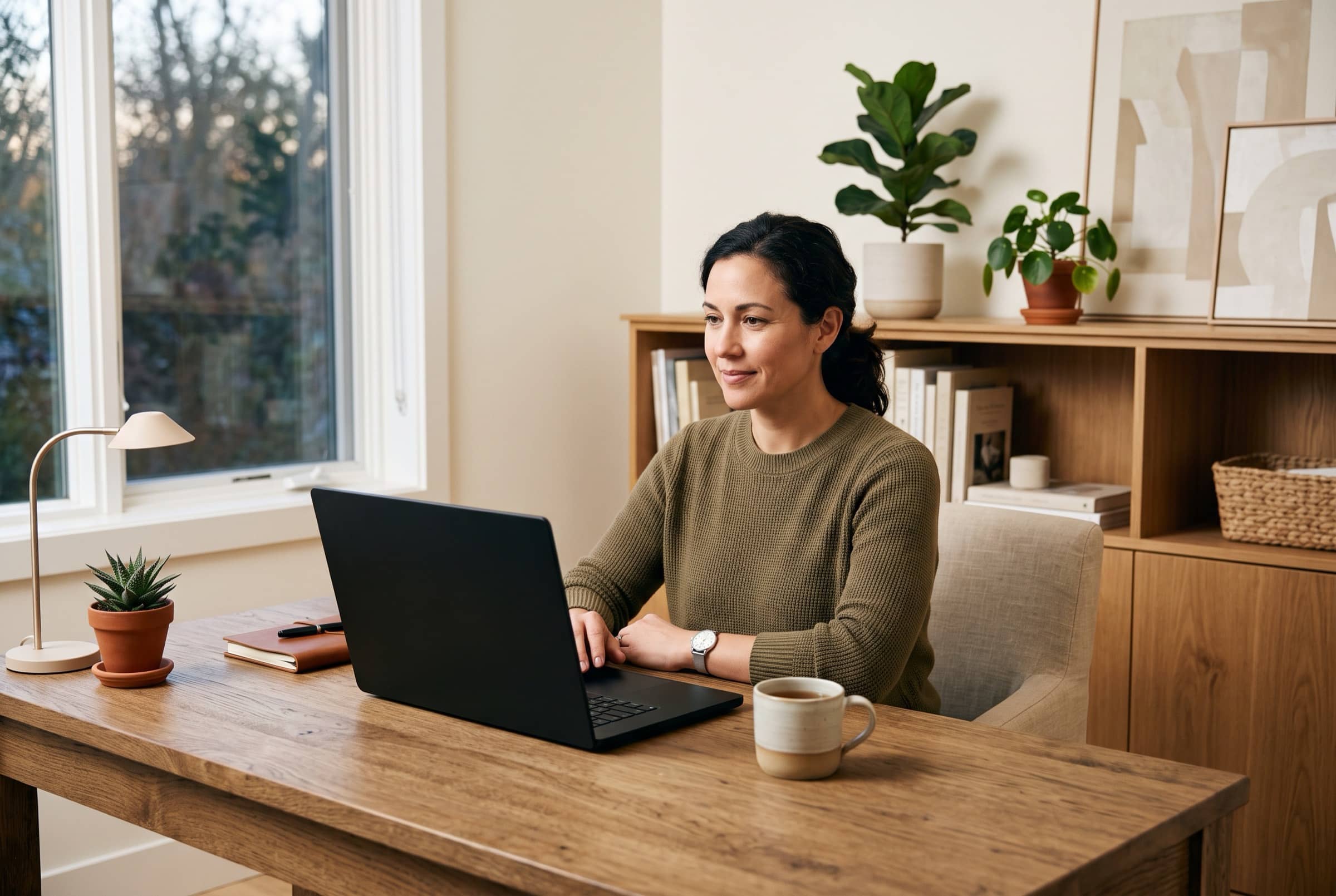 Warm, minimal home office representing executive digital privacy