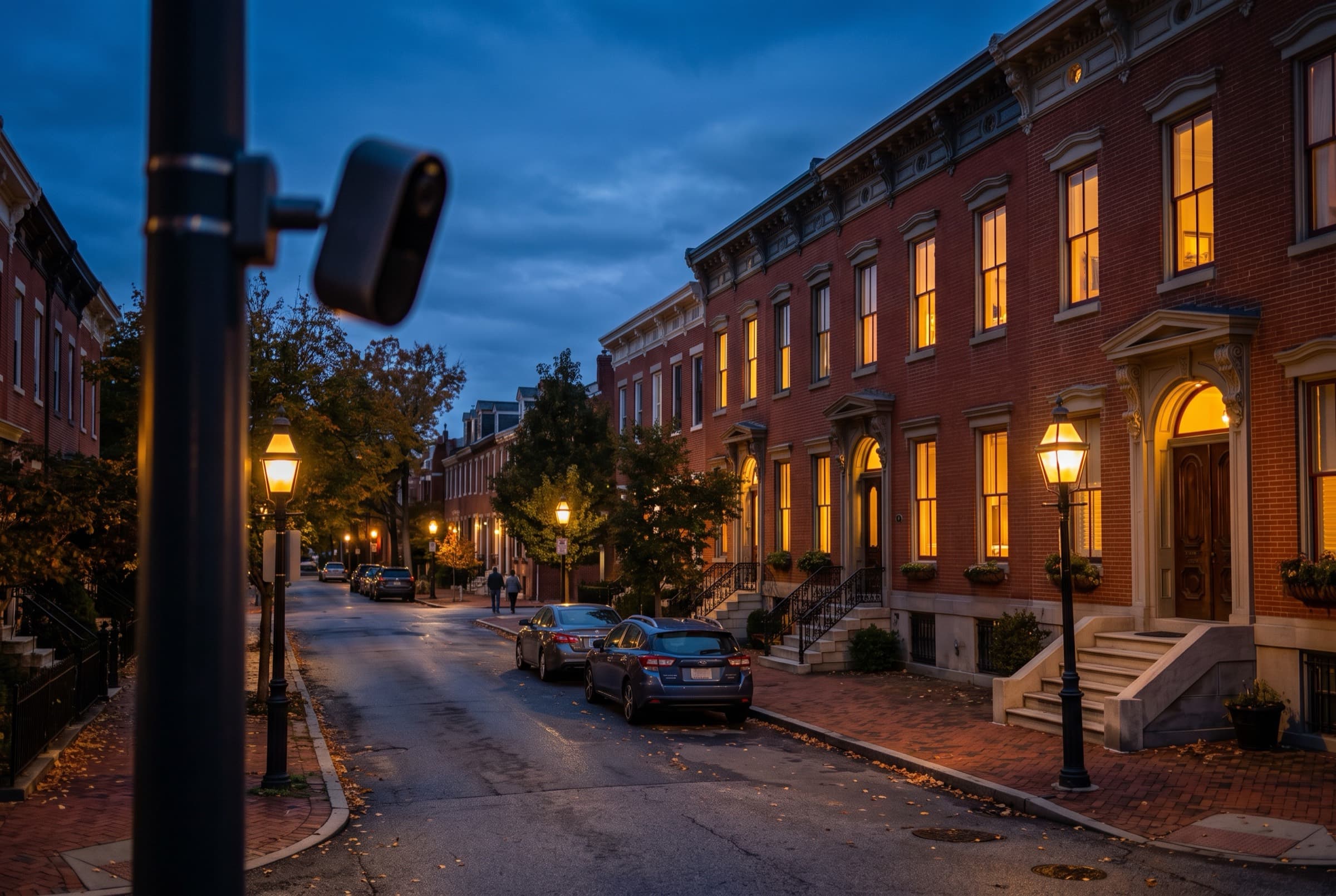 Baltimore brick rowhouse street at dusk