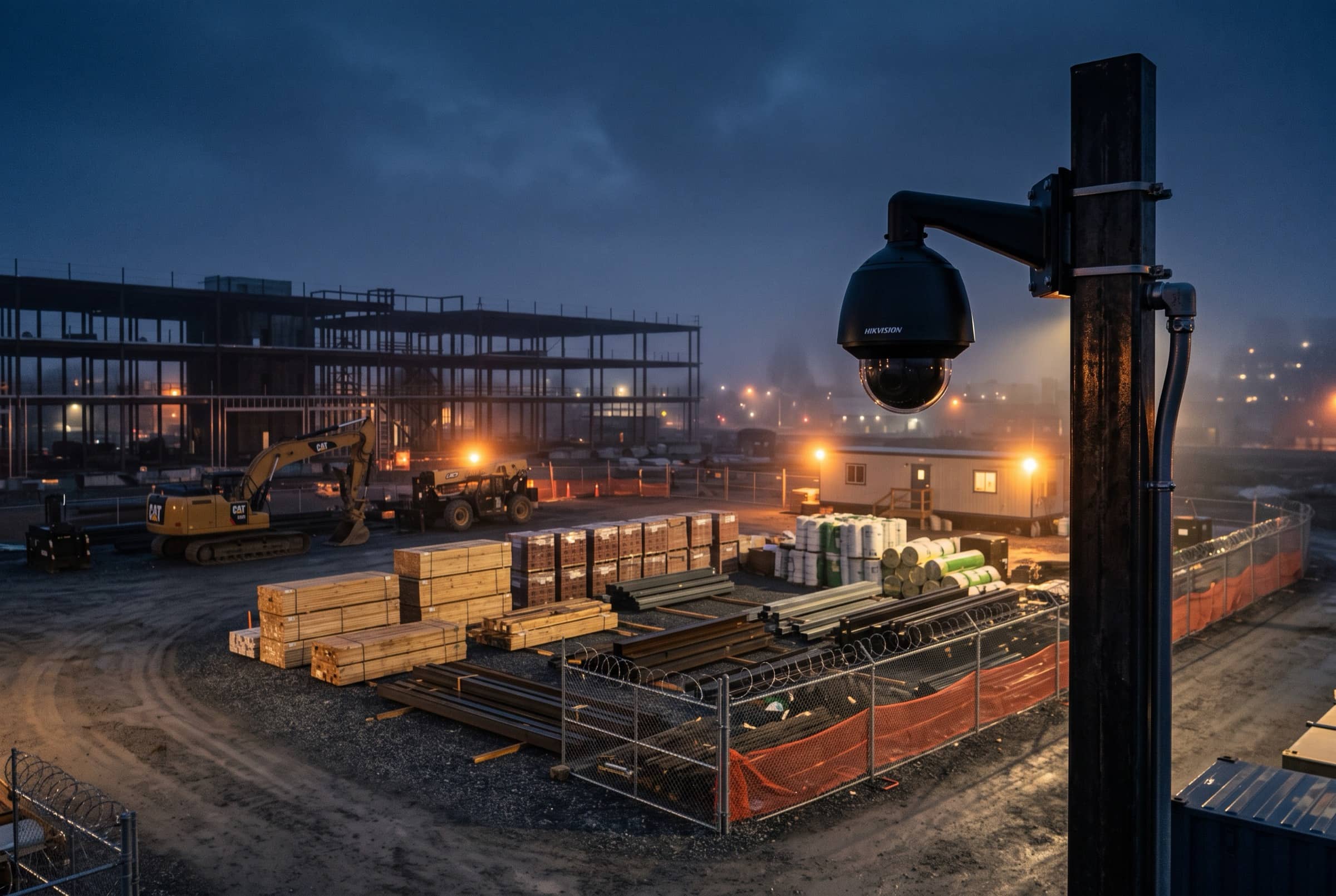Secured modern construction site at dusk with a pole-mounted camera