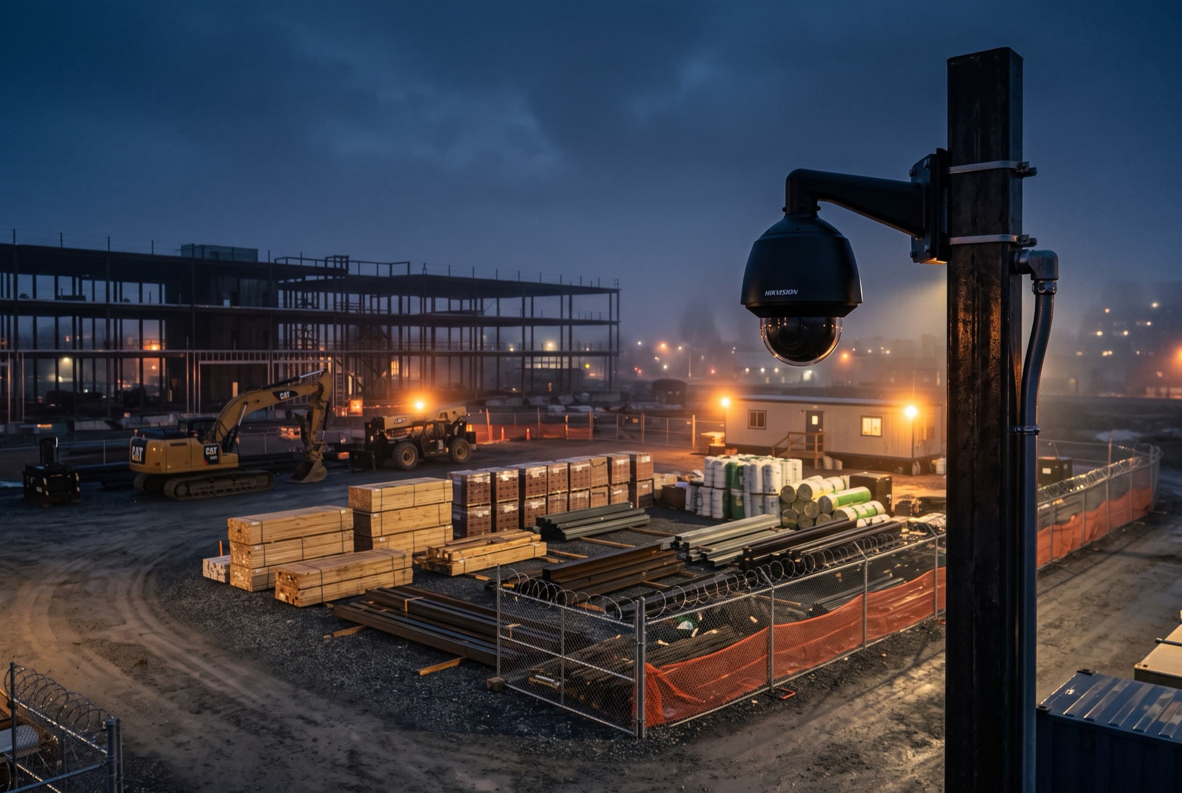 Secured modern construction site at dusk with a pole-mounted camera